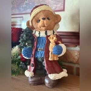 Vintage 1984 Christmas Festive Bear Figurine with Red Coat and Blue Sweater